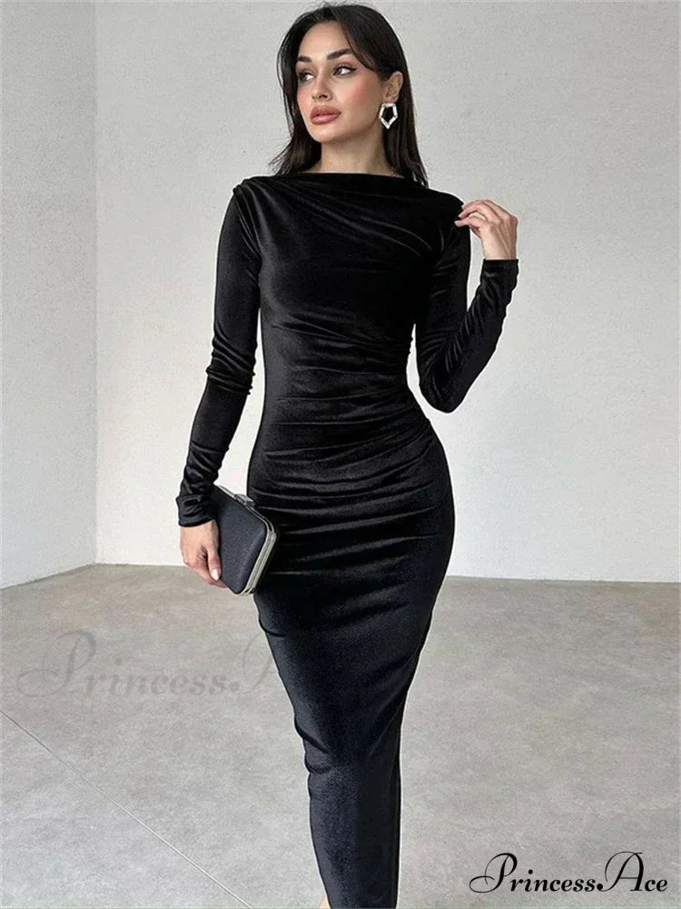 Ruched Long-Sleeved Body-Hugging Autumnal Elegant Club-Ready Skinny Midi Dress