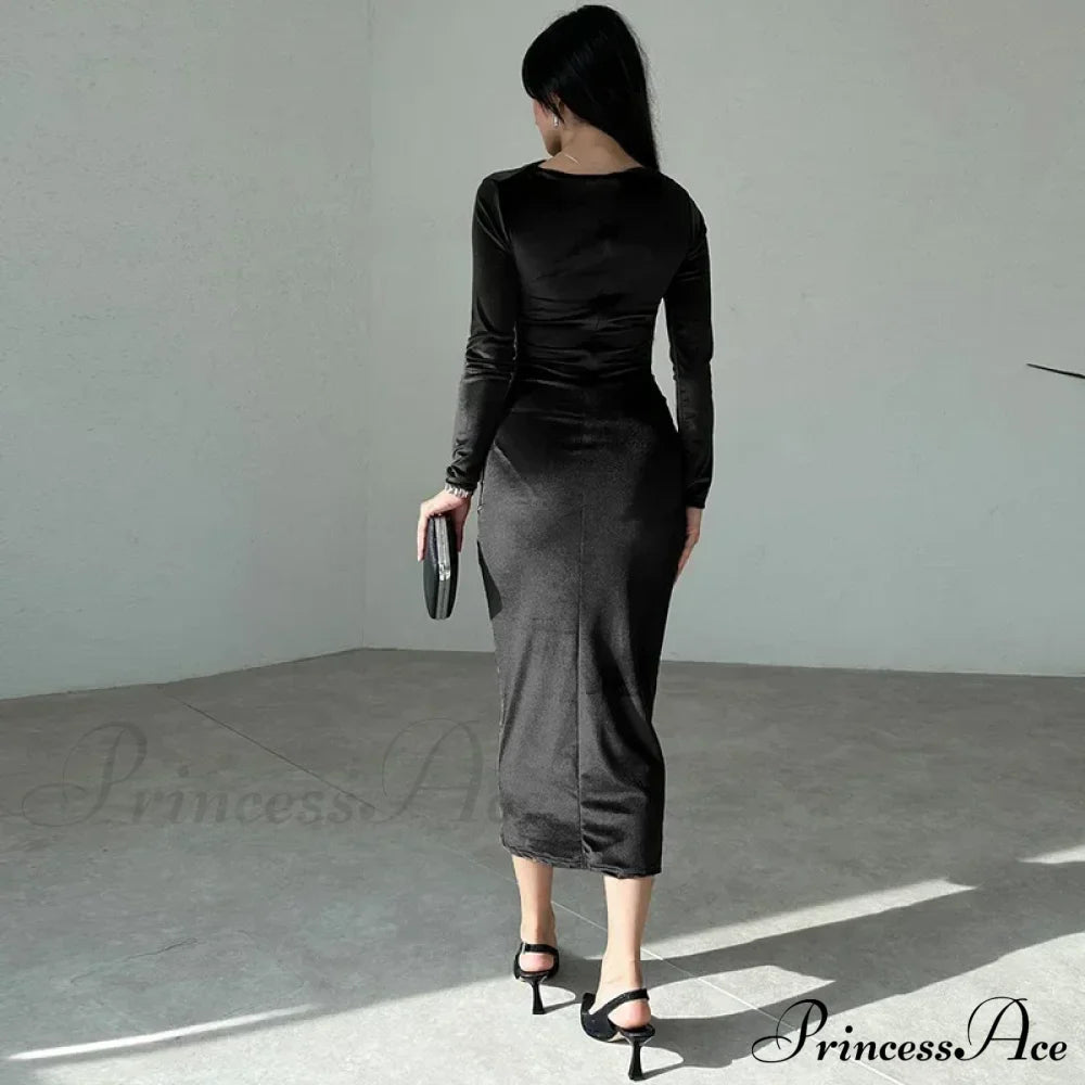 Ruched Long-Sleeved Body-Hugging Autumnal Elegant Club-Ready Skinny Midi Dress