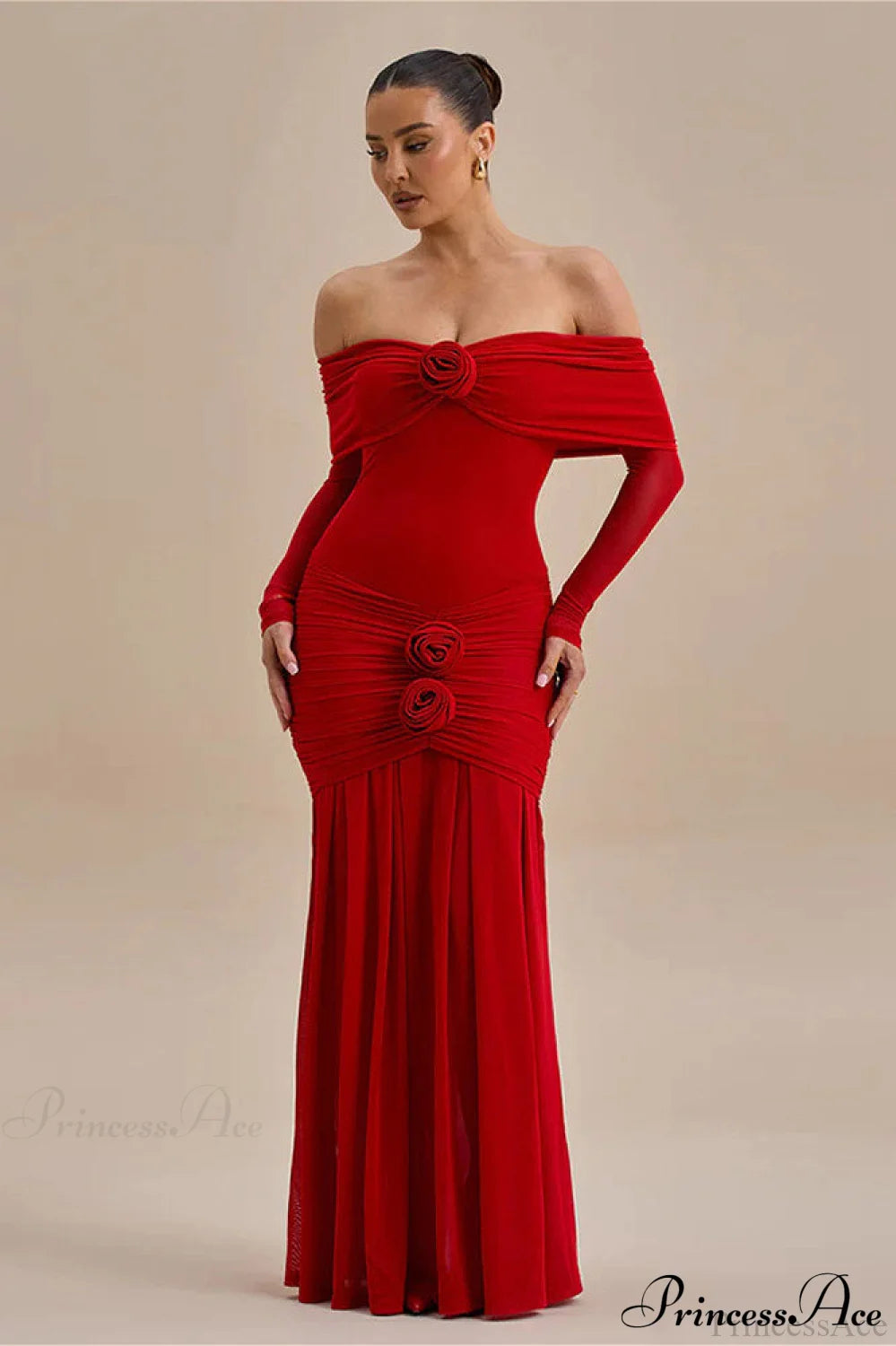 Ruched Off Shoulder Floral Bodycon Maxi Dress