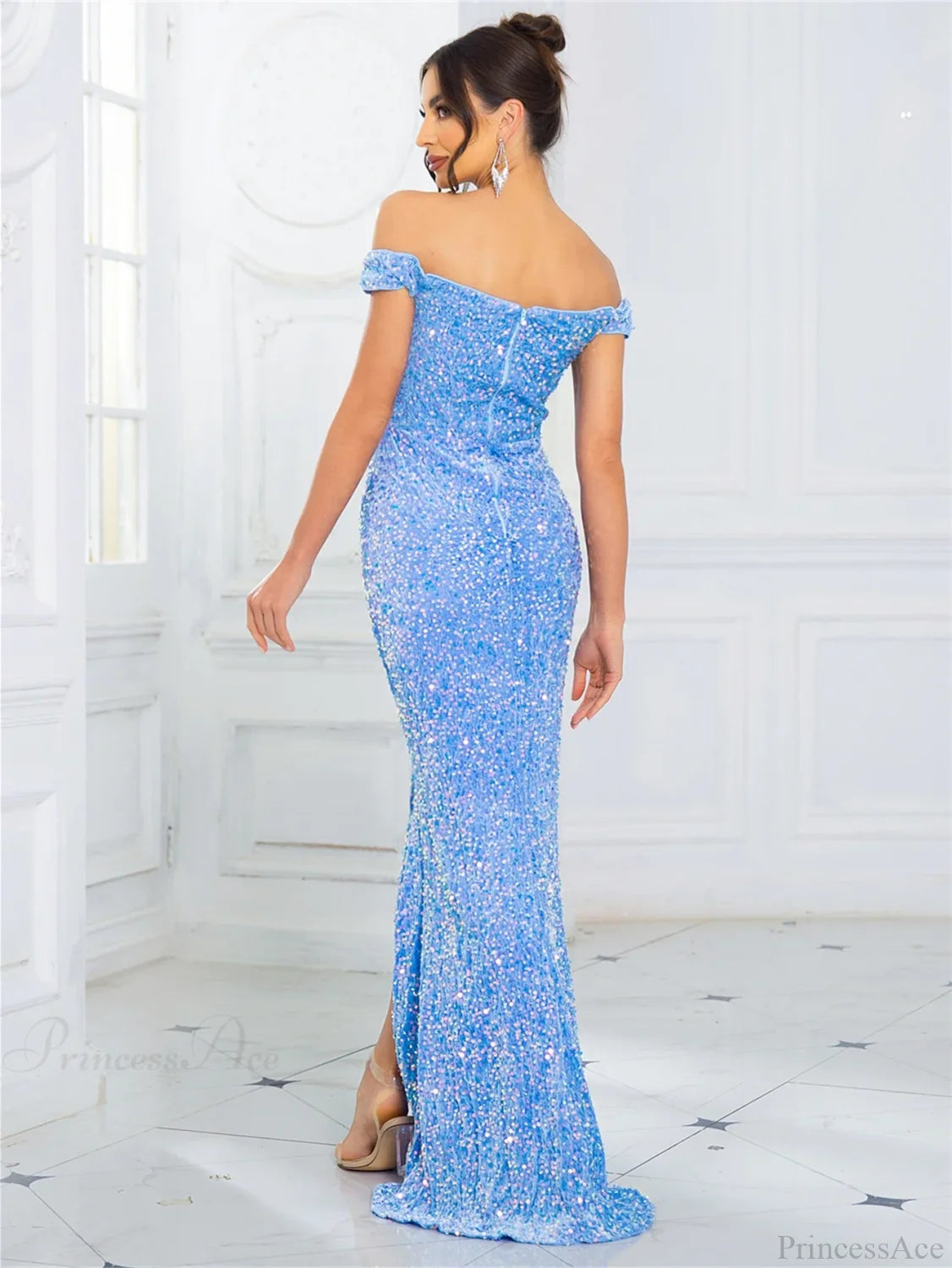 Ruched Off-Shoulder Sequin Party Dress Partydress-241208