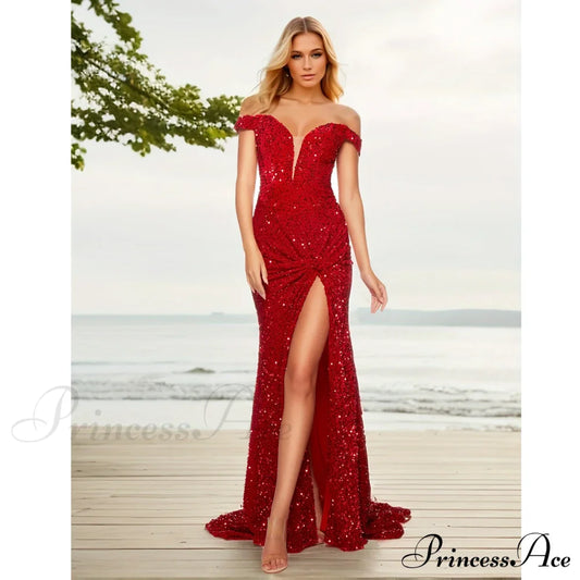 Ruched Off-Shoulder Sequin Party Dress Red / S Partydress-241208