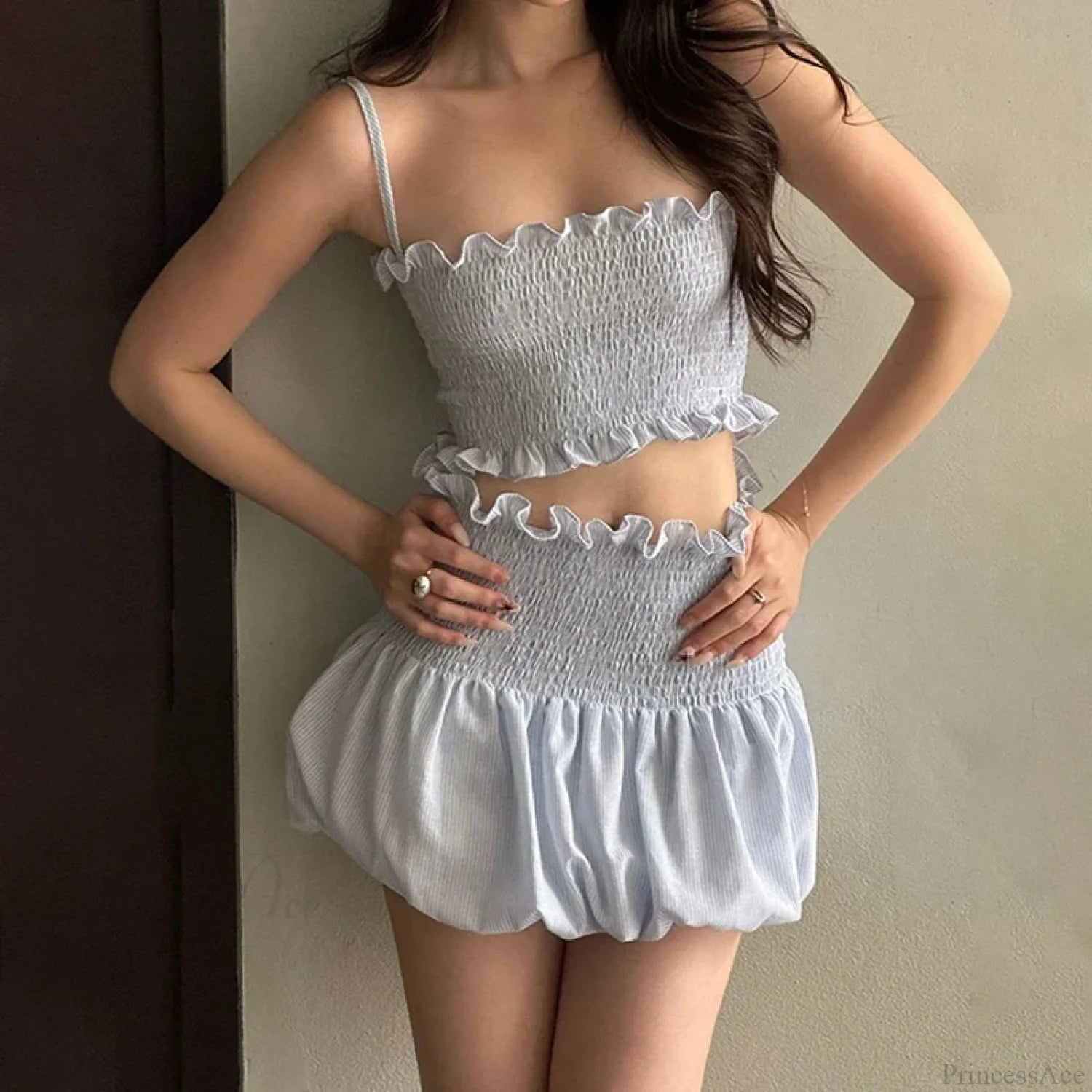 Ruched Plaid Cami Crop Top Mini Bubble Skirt Two Pieces Set twopiecesset-250126