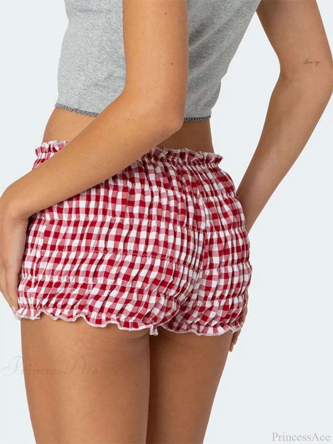 Ruched Plaid Slim Fit Short short-250223