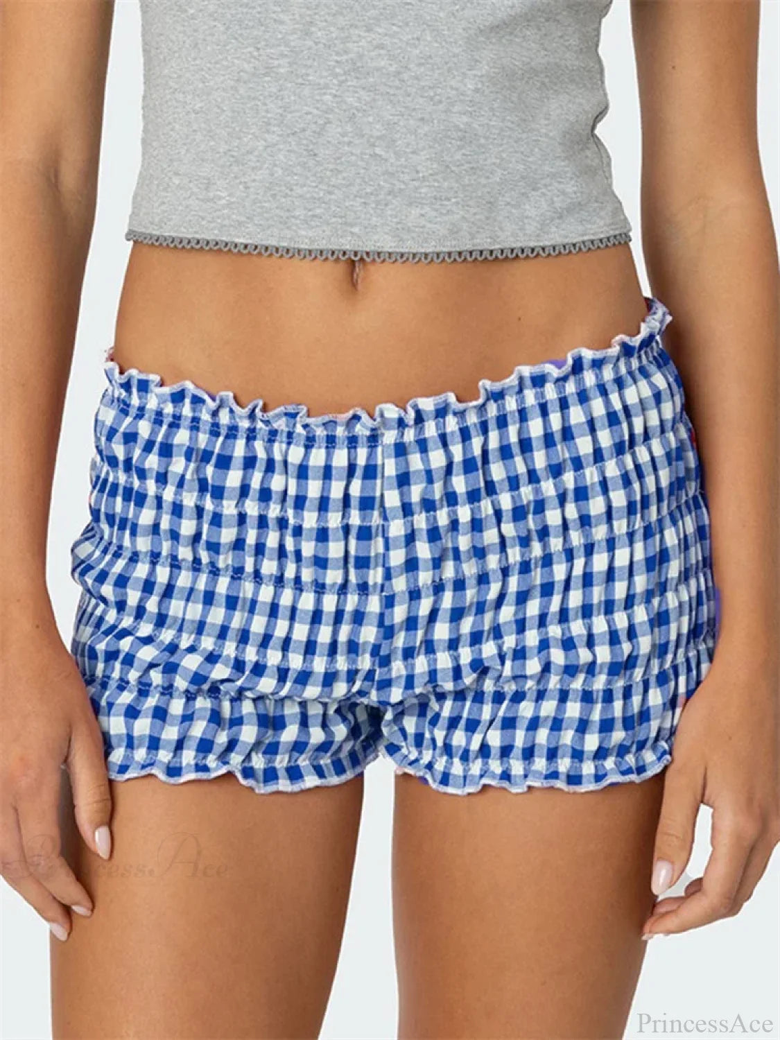 Ruched Plaid Slim Fit Short blue / S short-250223
