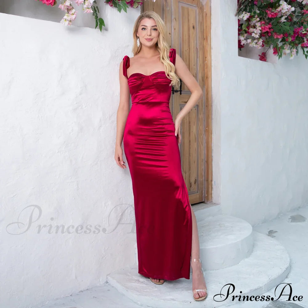 Ruched Satin Maxi Party Dress Burgundy / 6 Partydress-241208