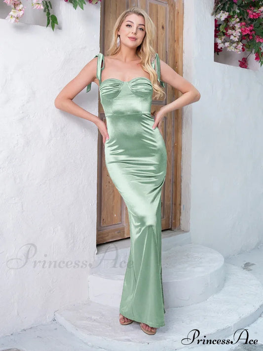 Ruched Satin Maxi Party Dress Sage Green / 6 Partydress-241208