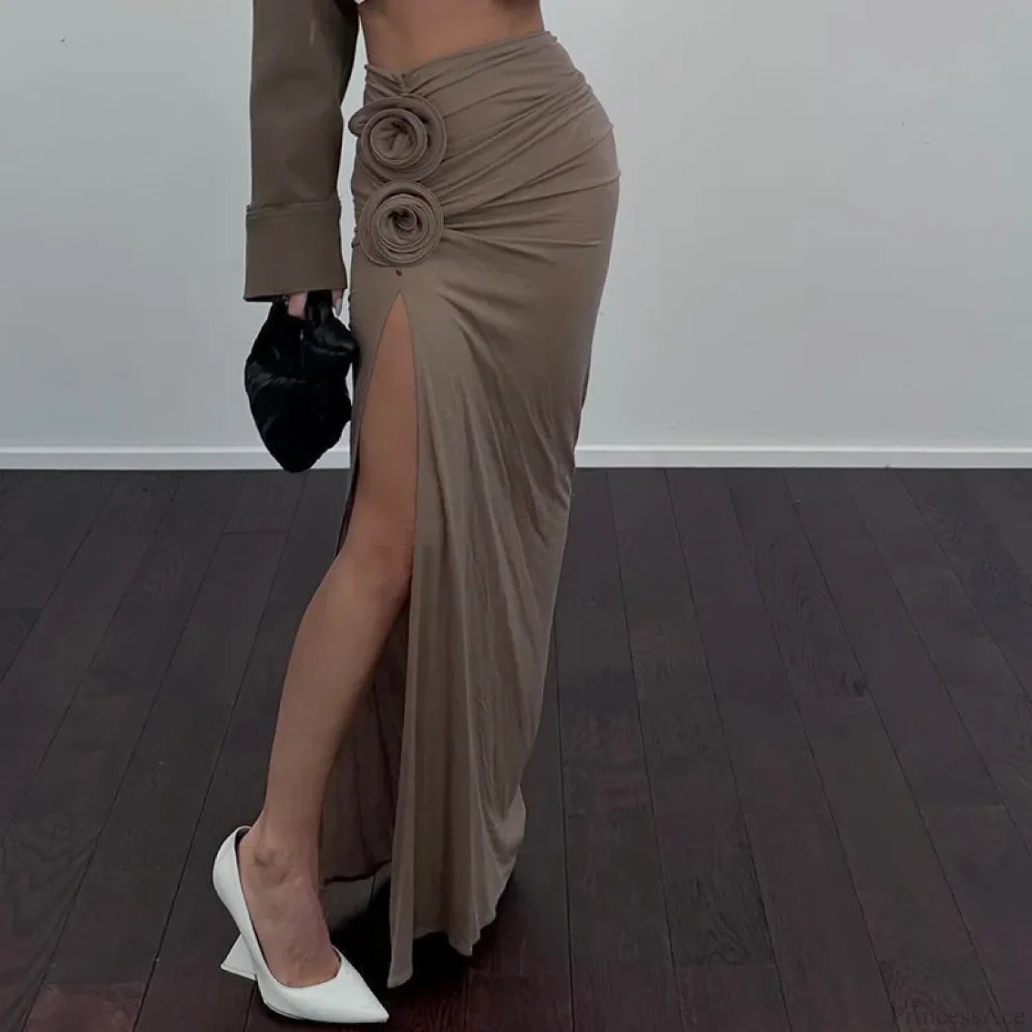 Ruched Split Floral Applique Maxi Skirt Brown / S skirt-250126