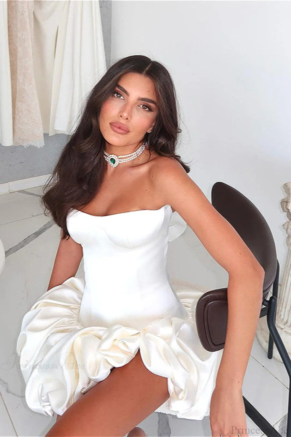 Ruched Strapless Slim A Line Sexy Mini Dress White / XS