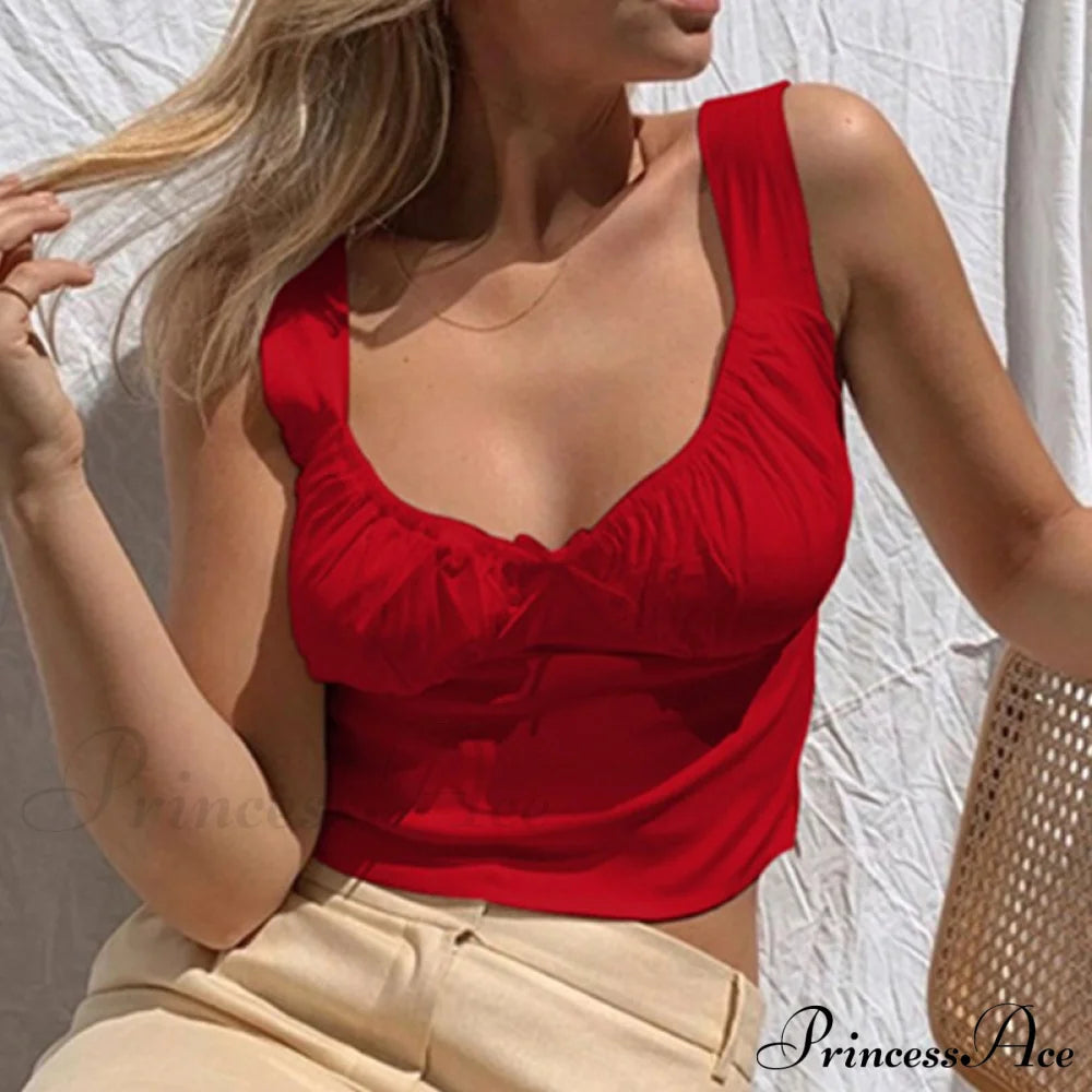 Ruched Tanks Bow Slim Wide Strap Skinny Camis Red / S