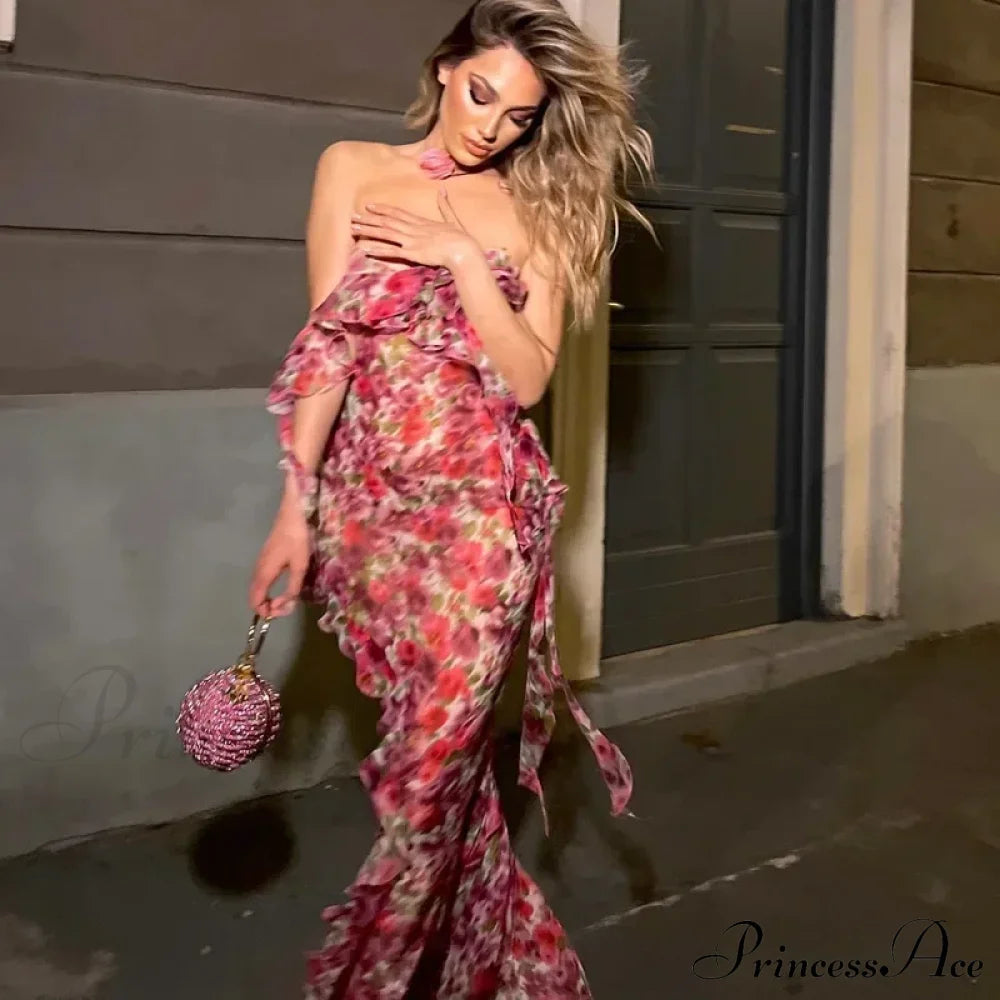 Ruffle Backless Floral Print See Through Grunge Summer Maxi Dress Pink / S