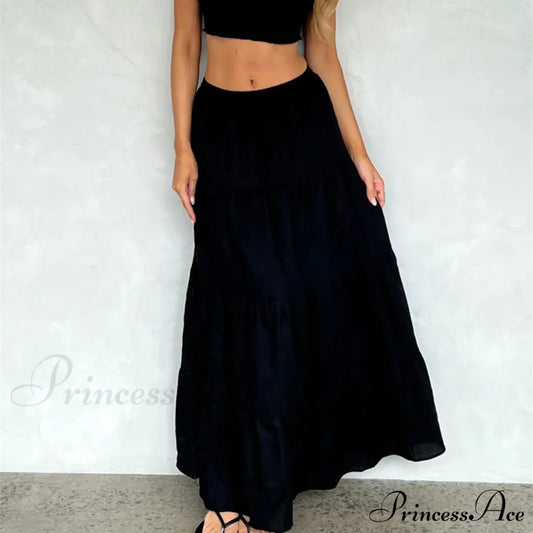 Ruffle Elastic High Waist Maxi Tiered Prairie Skirt Black / S