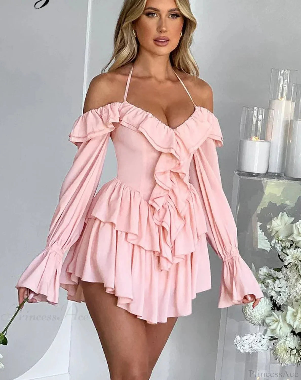 Ruffle Flare Sleeve Mini Dress minidress-250223