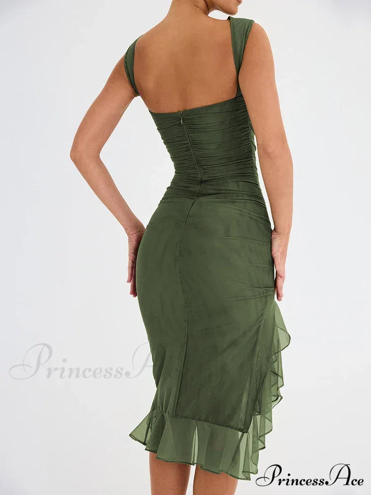 Ruffle Ruched Backless Sexy Maxi Dress