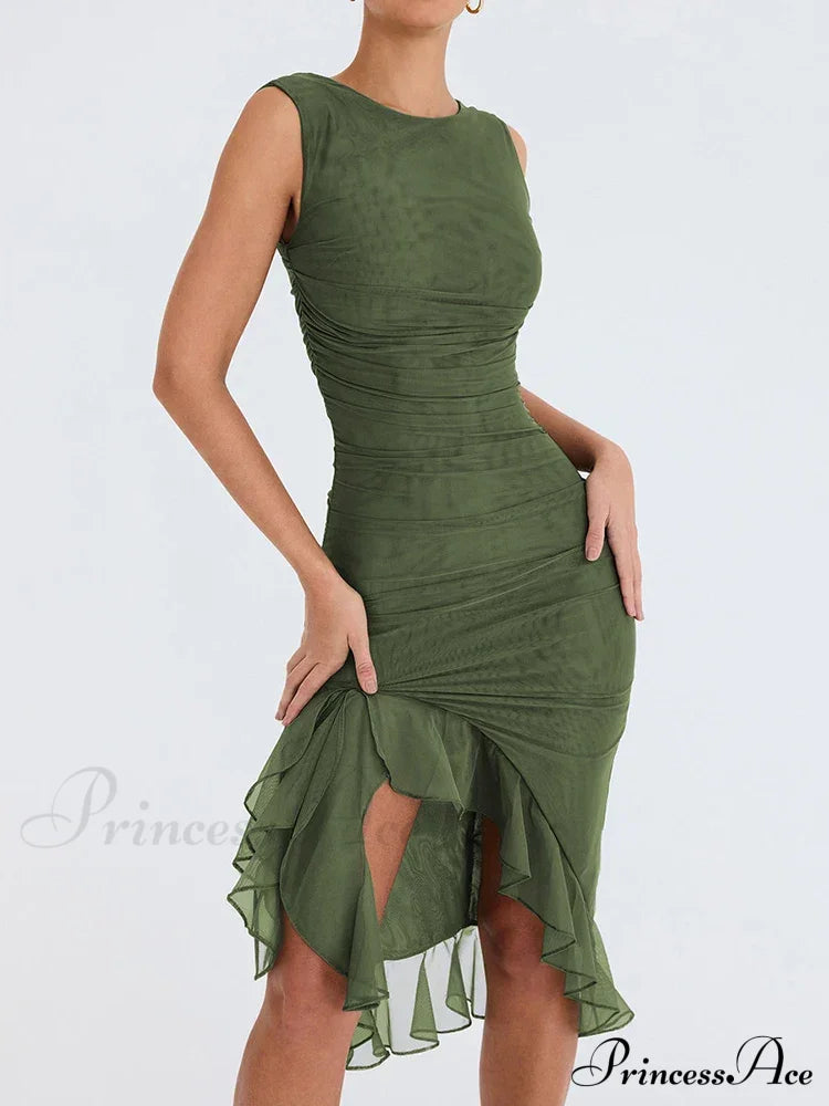 Ruffle Ruched Backless Sexy Maxi Dress