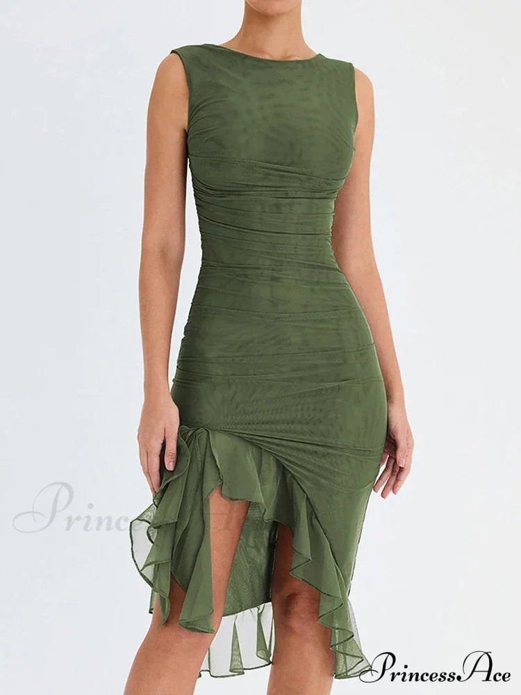 Ruffle Ruched Backless Sexy Maxi Dress Green / S