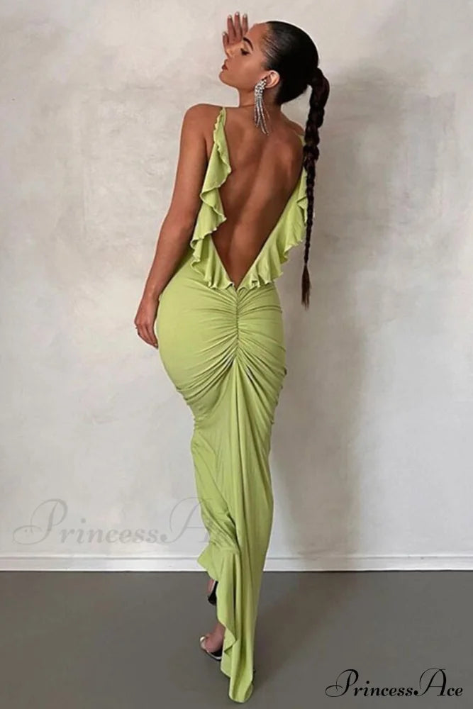 Ruffle Ruched Cami Dress Green / S Maxi Dresses