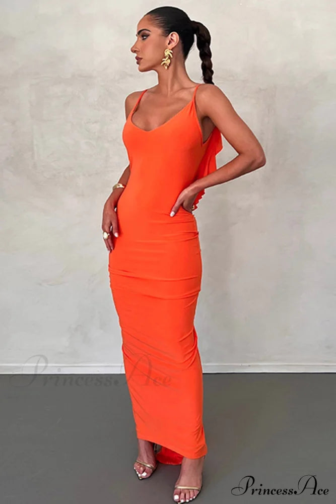 Ruffle Ruched Cami Dress Orange / L Maxi Dresses