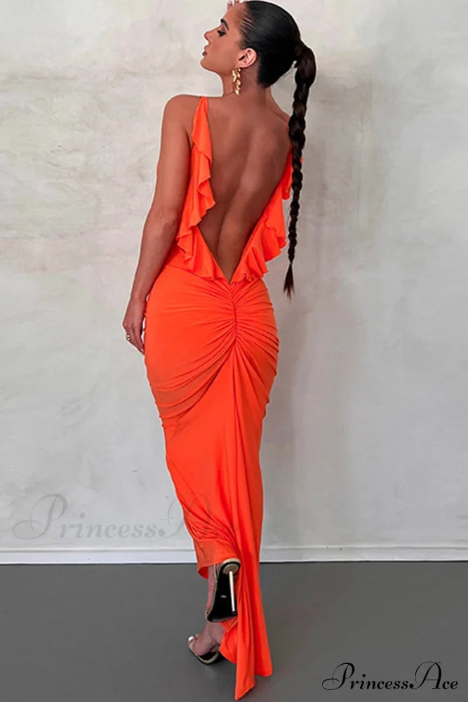 Ruffle Ruched Cami Dress Orange / S Maxi Dresses