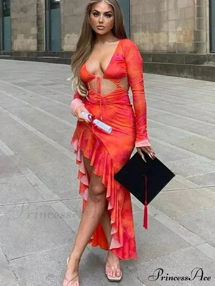 Ruffle Slit Cut Out Backless Elegant Long Sleeve Midi Dress