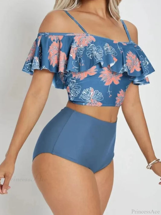 Ruffle Strap Floral Print Backless Two Piece Set
