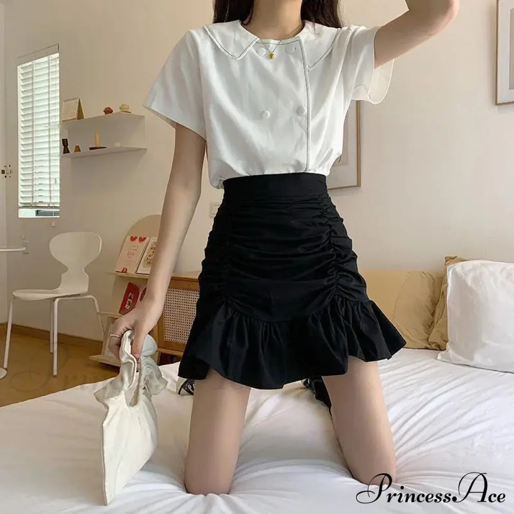 Ruffle Sweet Mini Skirt White A-Line Solid Cute Black / S