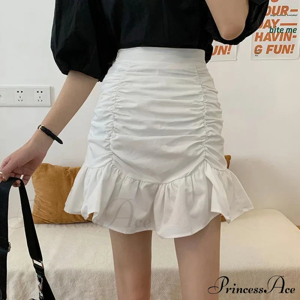 Ruffle Sweet Mini Skirt White A-Line Solid Cute / S