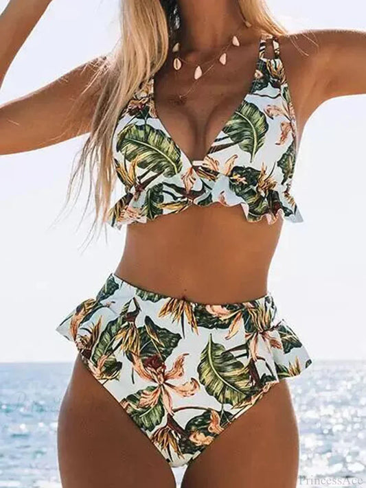 Ruffle Triangle Lace Up Leaf Two Piece Set