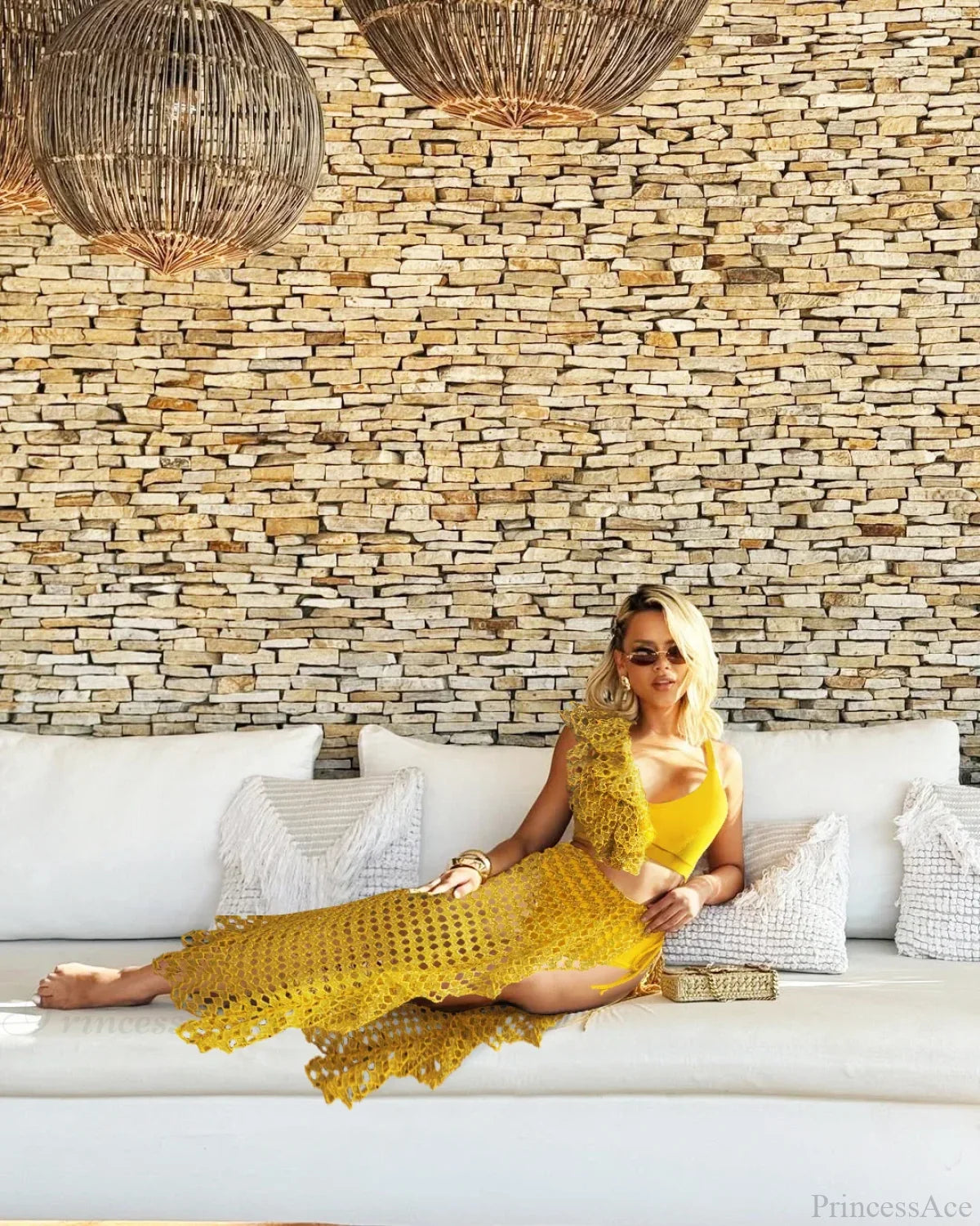 Ruffle V-neck Mesh Three Piece Swimsuit