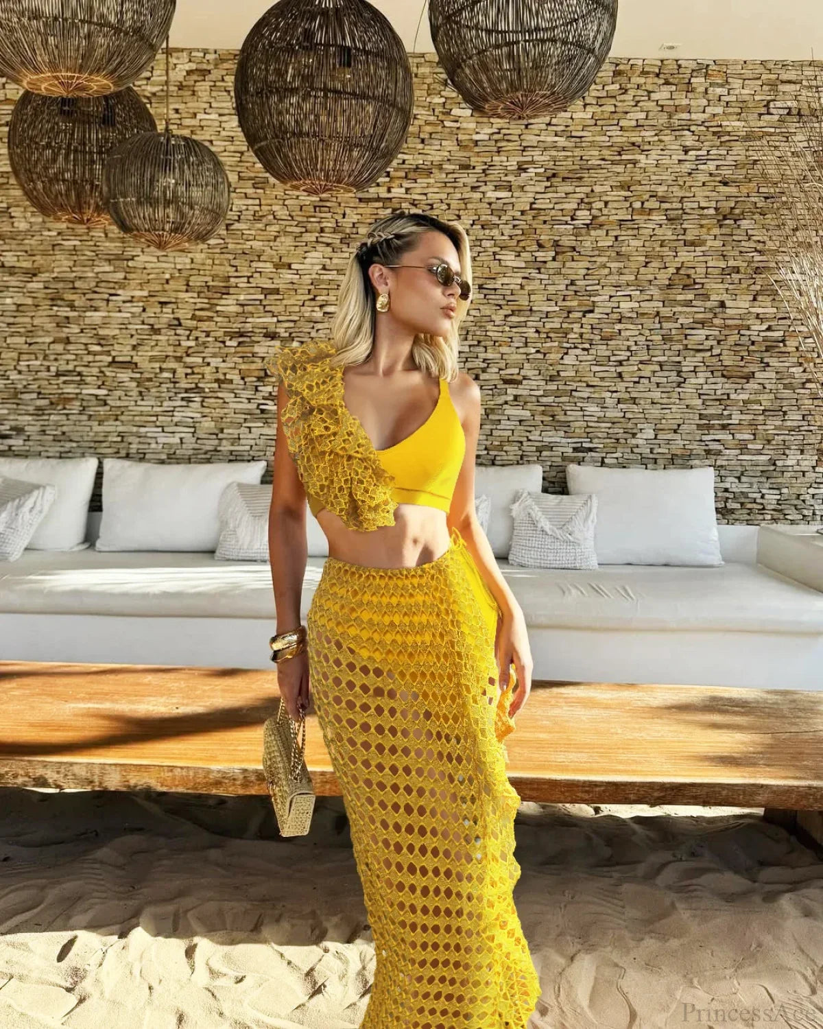 Ruffle V-neck Mesh Three Piece Swimsuit yellow / S