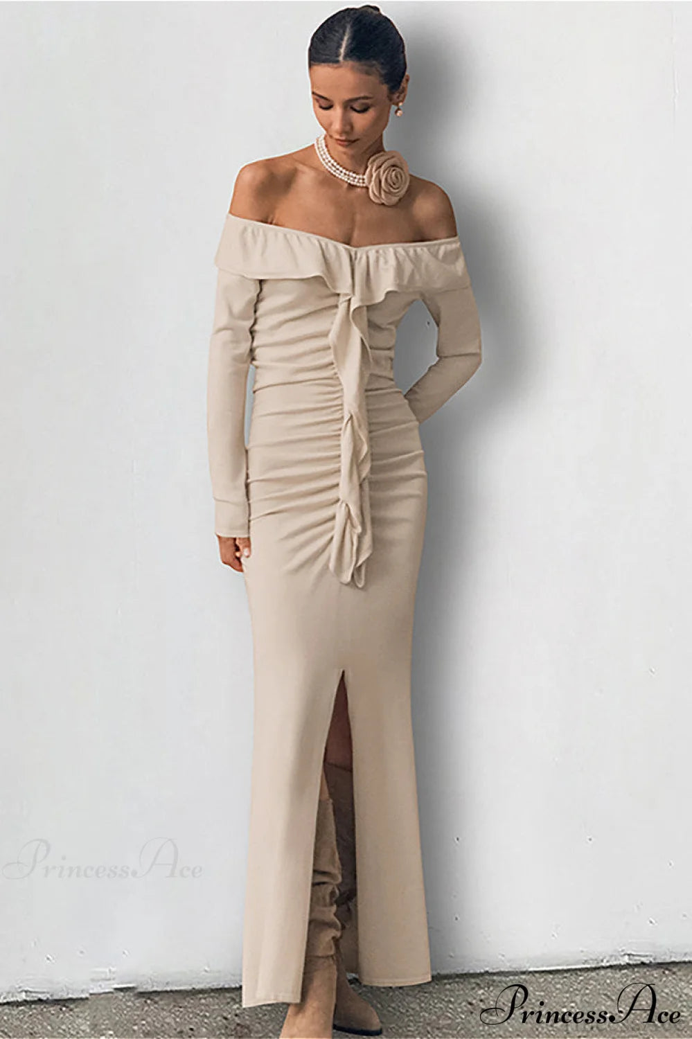 Ruffled Bandeau High end Split Mermaid Maxi Dress Khaki / S