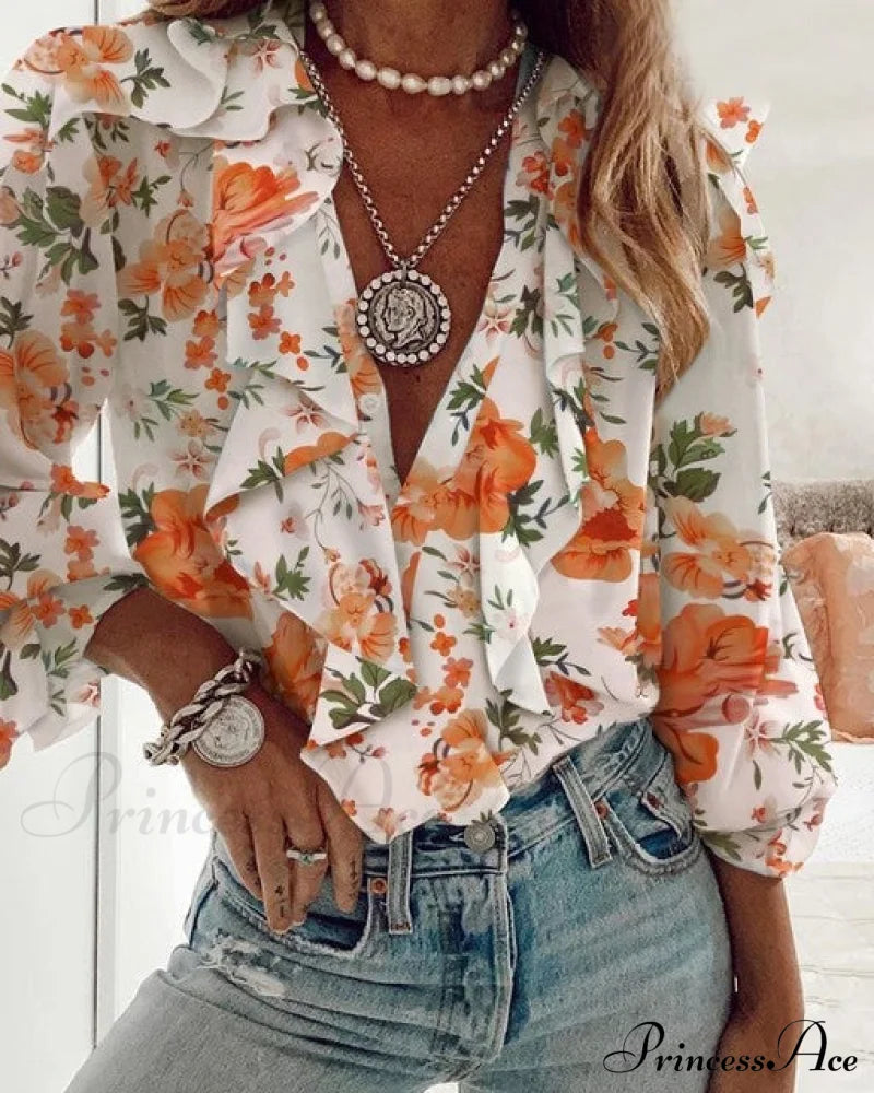 Ruffled Blouse By Vera Orange Flower / S Tops & Blouses