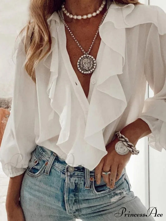 Ruffled Blouse By Vera White / S Tops & Blouses