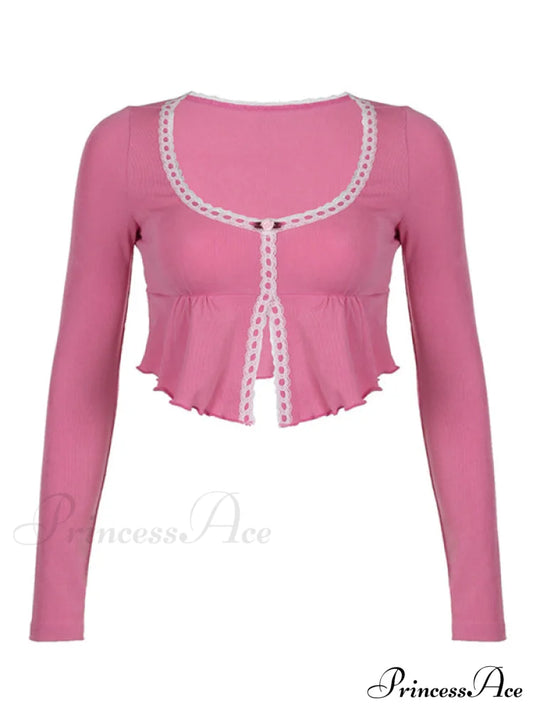 U-shaped collar Y2K irregular ruffled slim long-sleeved crop top Pink clothes crop top crop tops croptop long sleeve top long sleeve tops top tops Tops/Blouses