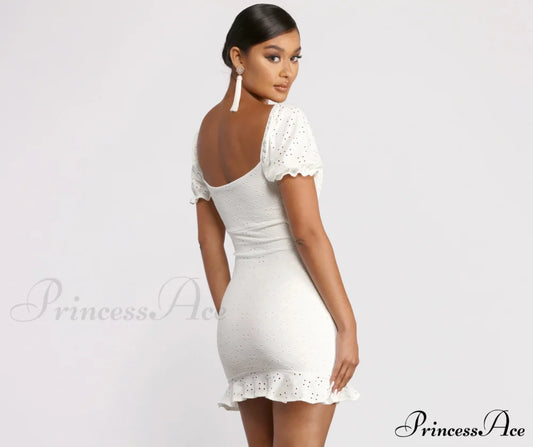 Ruffled Eyelet Puff Charming Sleeve Mini Dress Casual Dresses