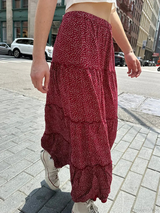 Ruffled Floral Red High Waist A-Line Skirt Red / One Size skirt-250126