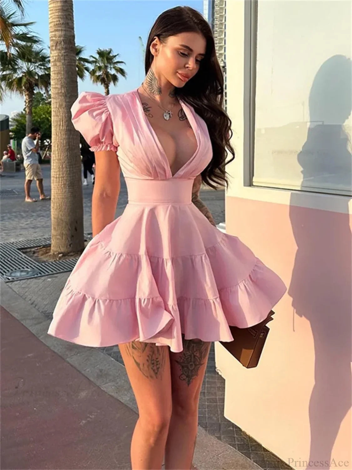 Ruffled Lace-Up Slim Mini Dress minidress-250223