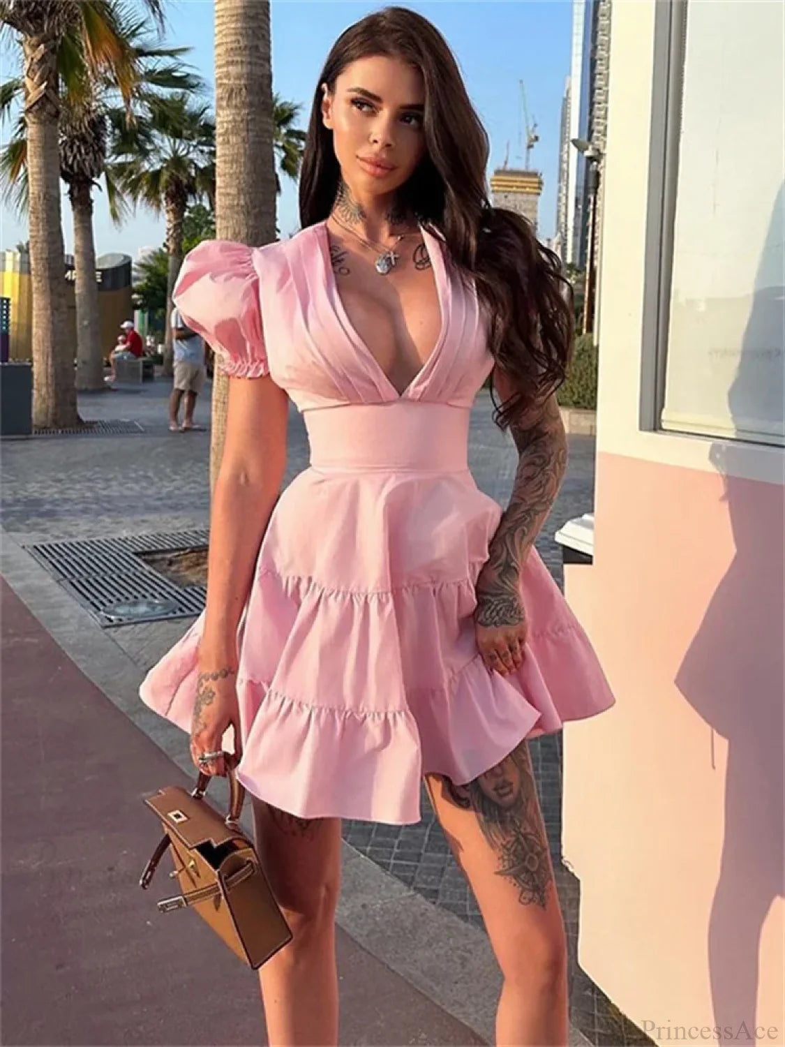 Ruffled Lace-Up Slim Mini Dress Pink / S minidress-250223