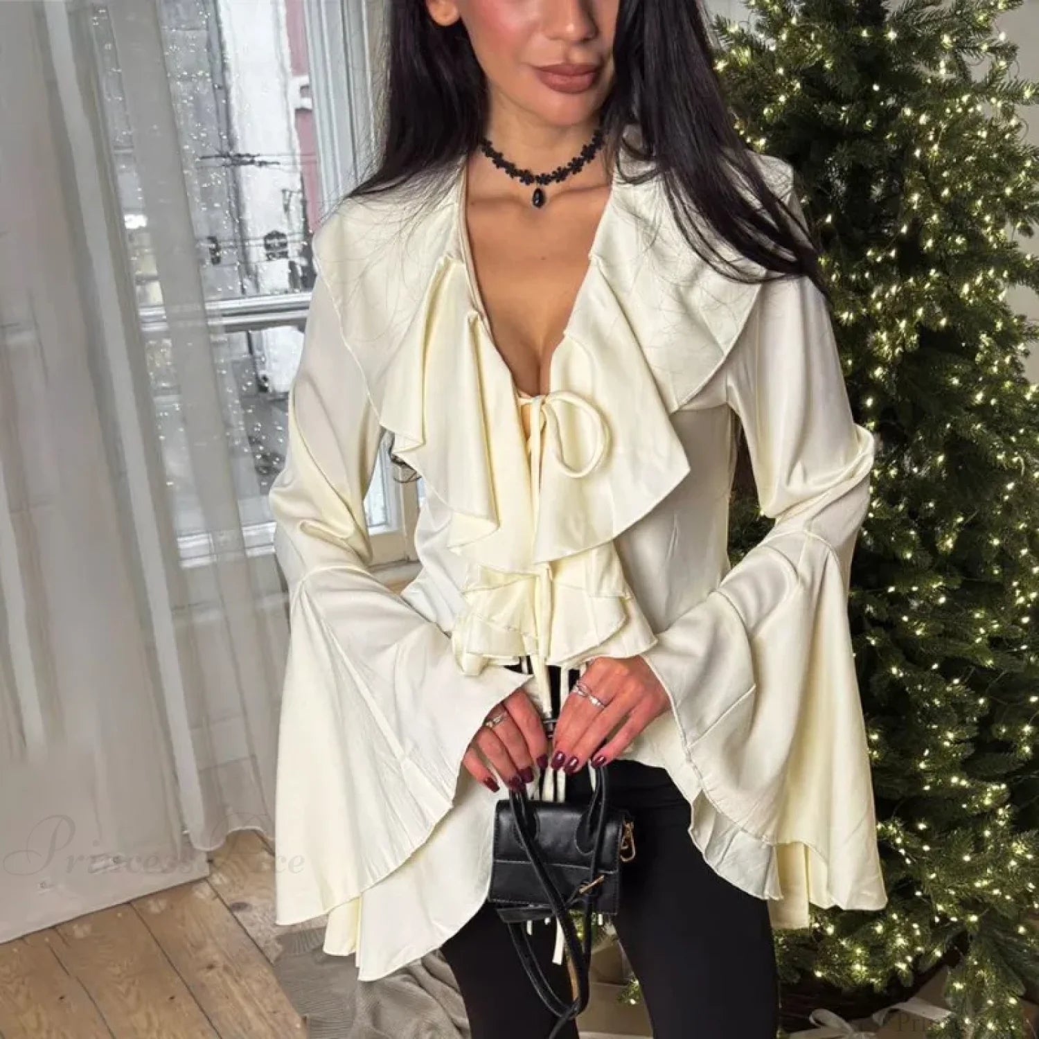 Ruffled Lace-Up V-neck Blouse WHITE / S blouse-250223