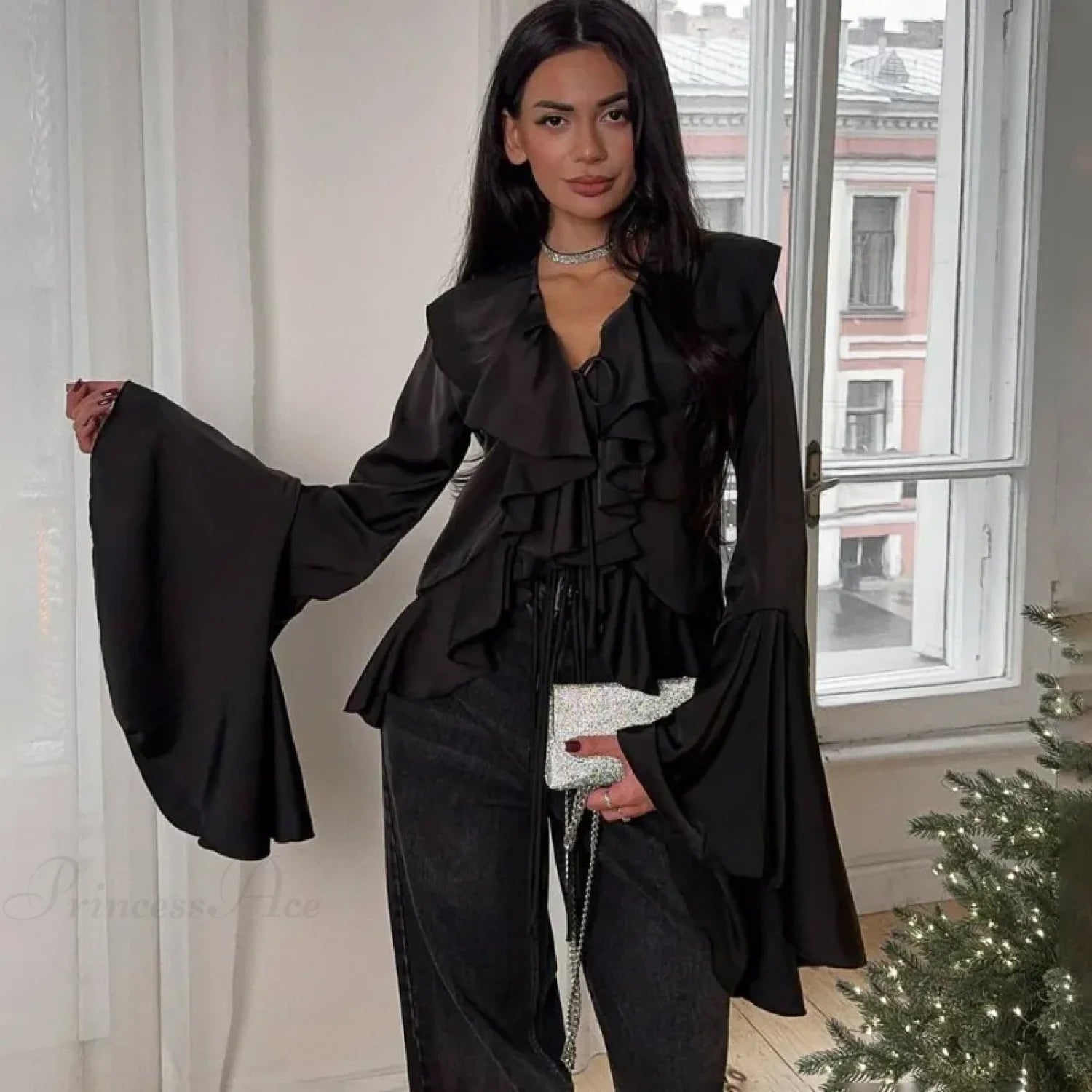 Ruffled Lace-Up V-neck Casual Long Sleeve Blouse Black / S blouse-250126