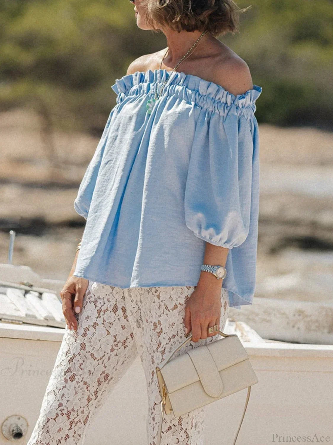 Ruffled Off-Shoulder Solid Fashion Blouse blue / S blouse-250126