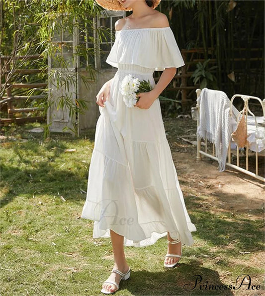 Ruffled Romance Off Charming The Shoulder Maxi Dress White / S Casual Dresses