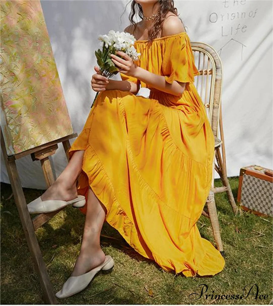 Ruffled Romance Off Charming The Shoulder Maxi Dress Yellow / S Casual Dresses