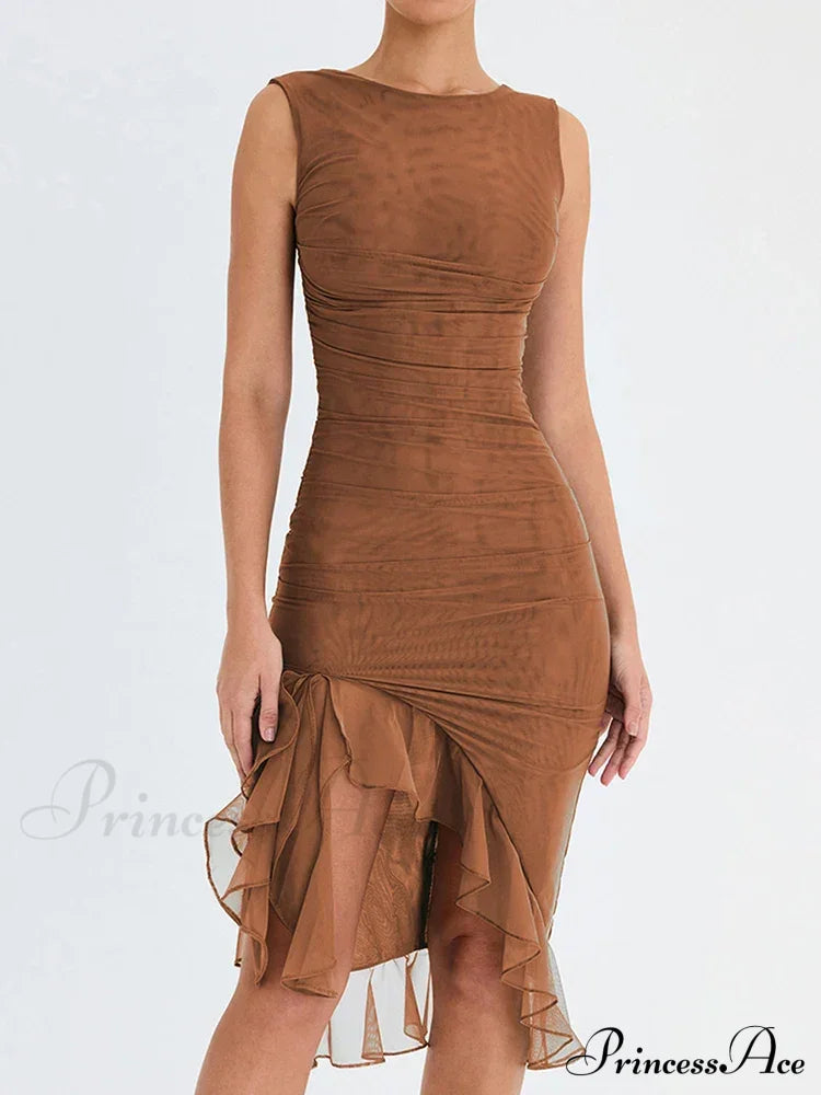 Ruffled Ruched Summer-Ready Backless Sleeveless Irregular Sensual Midi Dress Brown / S