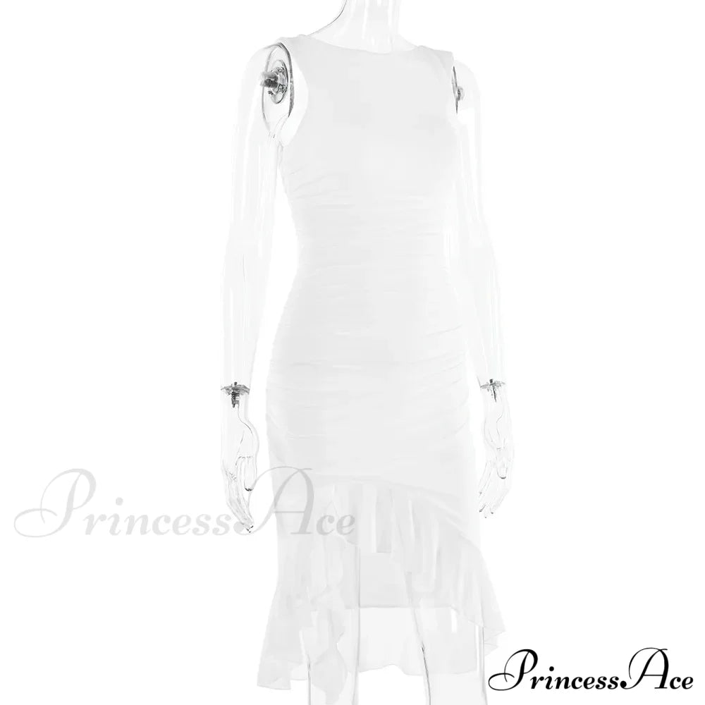 Ruffled Ruched Summer-Ready Backless Sleeveless Irregular Sensual Midi Dress White / S