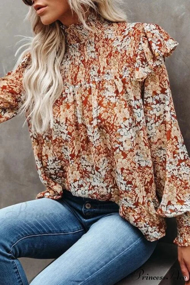 Ruffled Smocked Flowered Lantern Arm Blouse