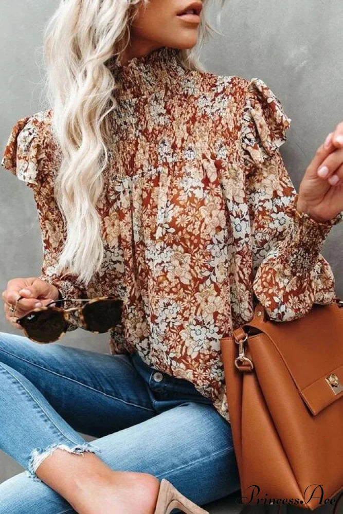 Ruffled Smocked Flowered Lantern Arm Blouse