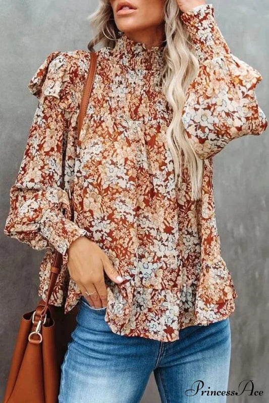 Floral Smocked Lantern Sleeve Ruffled Blouse Multicolor clothes long sleeve shirt long sleeve shirts long sleeve top long sleeve tops Ship From Overseas shirt shirts SYNZ top tops