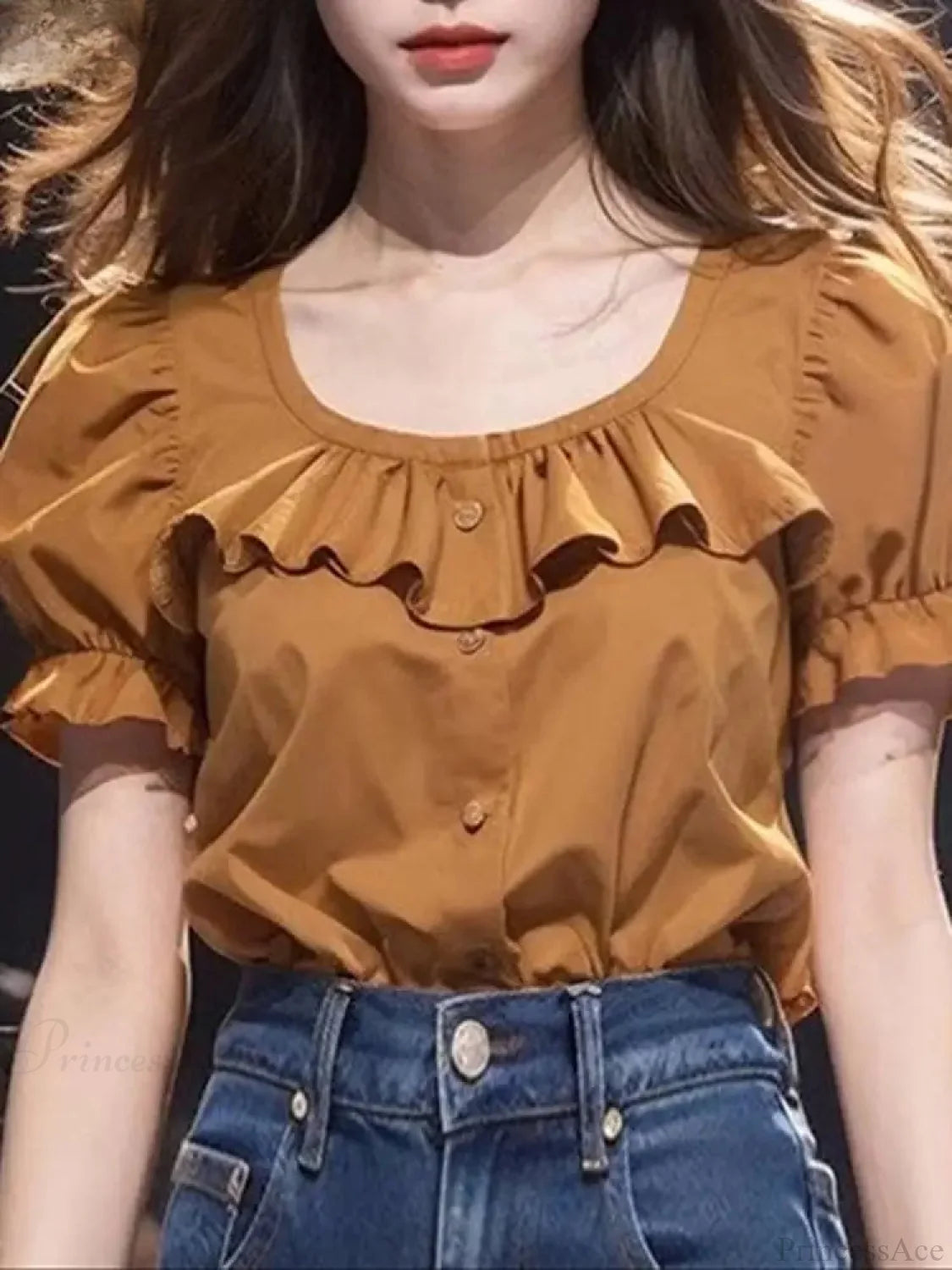 Ruffled Solid Puff Sleeve Casual Tunic Blouse blouse-250126