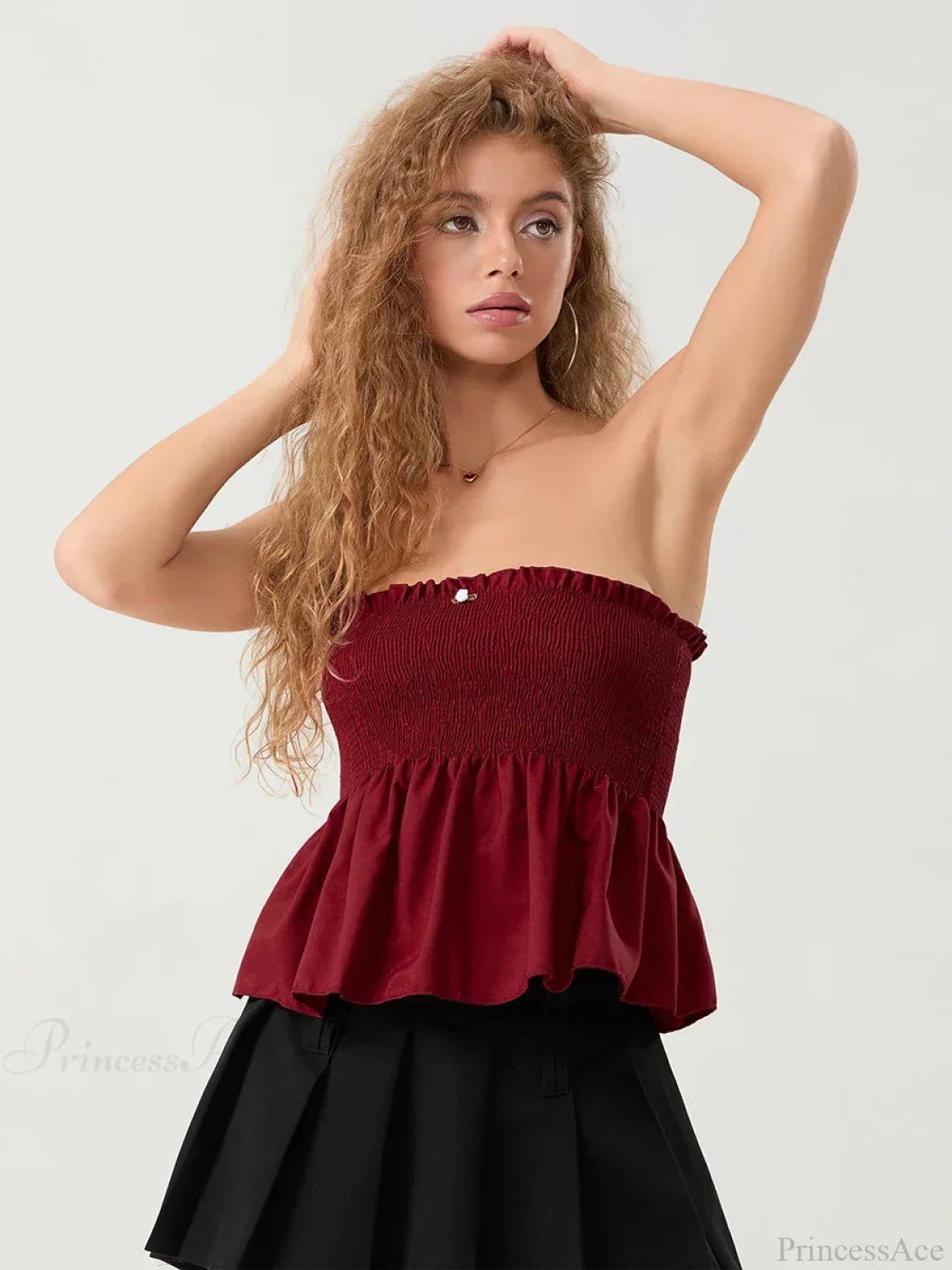 Ruffled Strapless Smocked Flowing Hem Bodydoll Tube Top Red / S croptop-250126