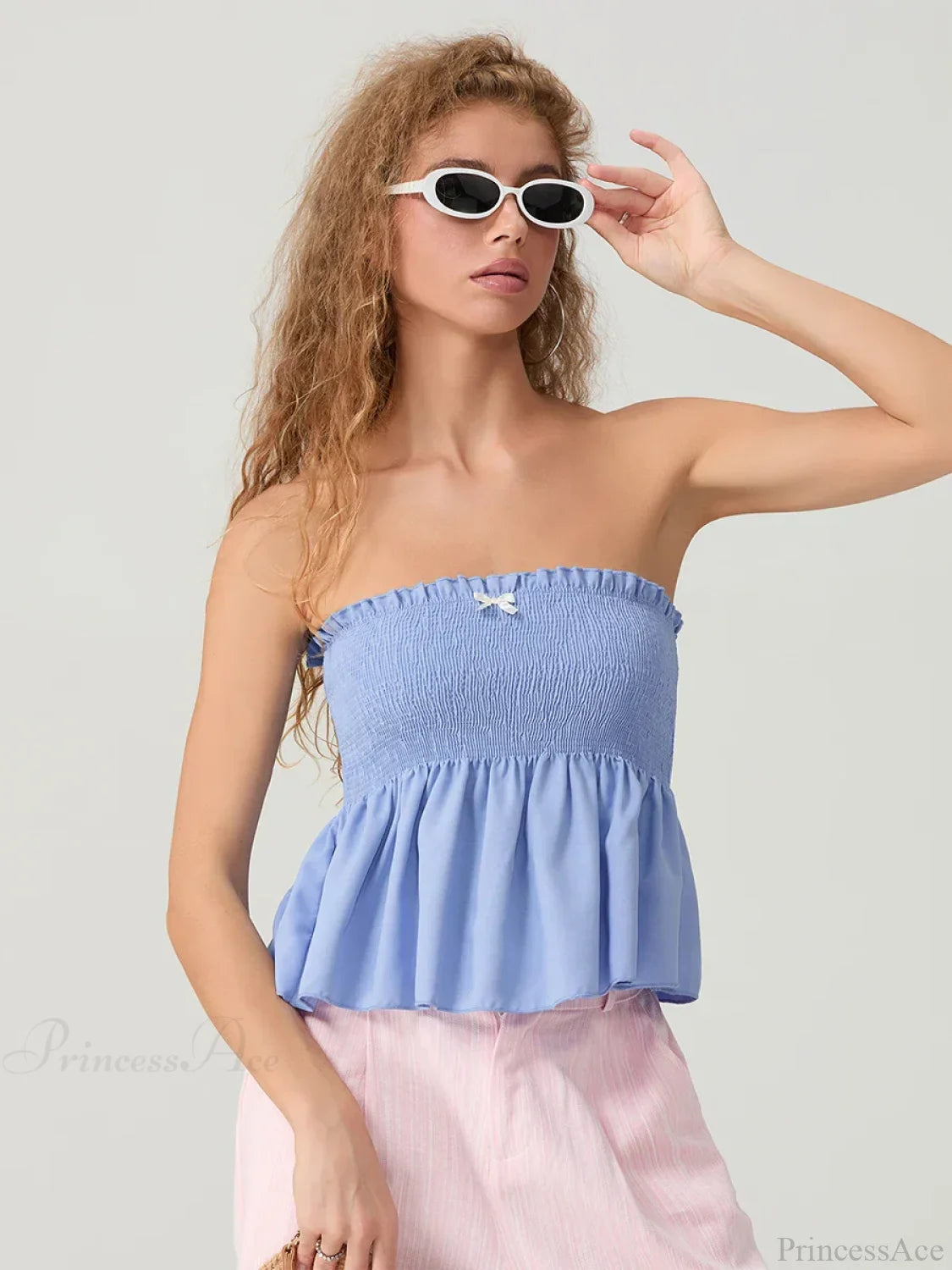 Ruffled Strapless Smocked Flowing Hem Bodydoll Tube Top SKY BLUE / S croptop-250126